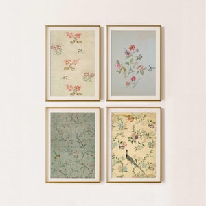 Arte murale francese provinciale con uccelli e fiori d'epoca - Motivi di carta da parati d'epoca in colori tenui e romantici - Set di 4 arazzi antichi