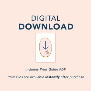 digital download graphic showing instant download art print information and confirming purchase includes a print guide pdf