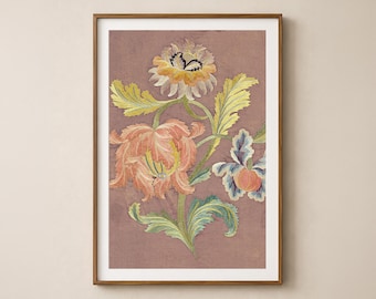May include: A framed floral print with a botanical design. The artwork features a central stem with peach and yellow flowers, green and yellow leaves, set against a mauve background. The frame is a warm brown.