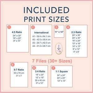 Printable wall art size guide with all included ratios: 4:5, 2:3, 3:4, 5:7, 1:1, A-series and 11×14, covering 30+ standard print sizes.