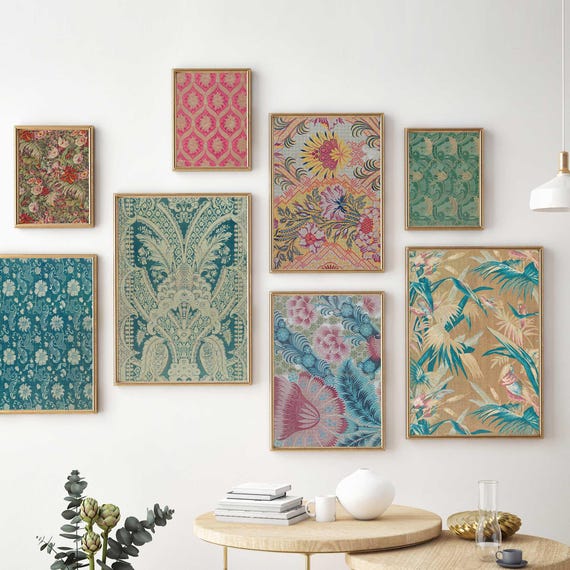 European textile gallery wall set downloadable - Vintage wall art bundle French art prints fabric floral patterns - Eclectic decor bohemian