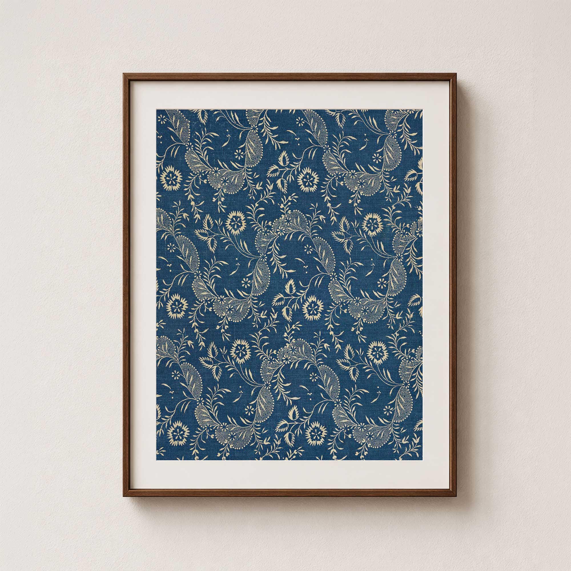 Dark Blue Antique French Floral Print, Indigo Dyed Chintz Textile