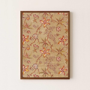 Tan vintage floral artwork download - Orange brown wall art antique textile print English - Warm neutral palette autumn leaves fall flowers