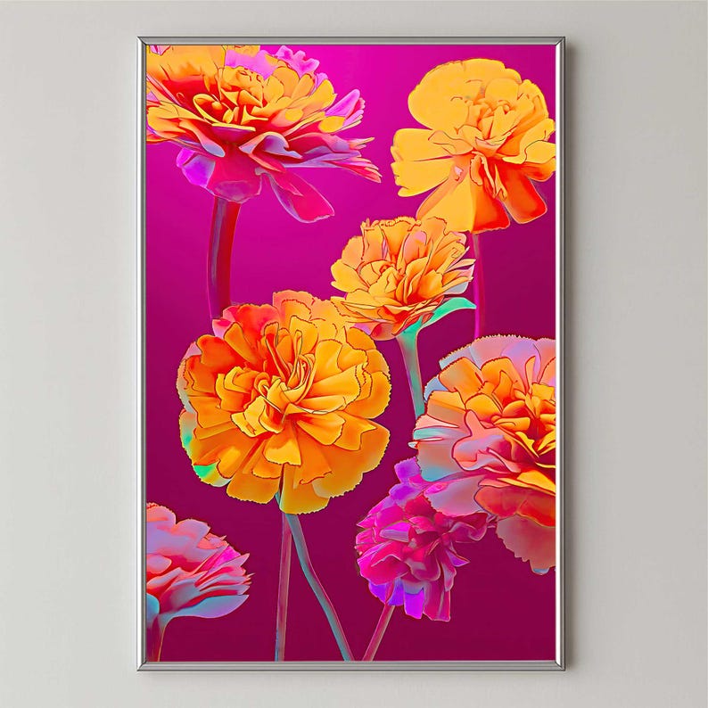 Art mural lumineux néon de fleurs de souci, impression florale abstraite colorée imprimable, art botanique orange fuchsia, grande affiche de décoration maximaliste image 1