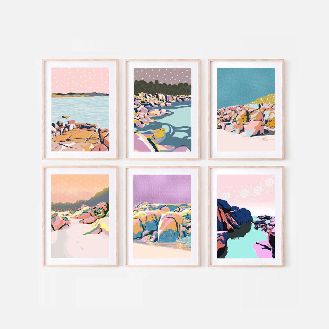Pastel Retro Beach Posters Set of 6, Printable Seaside Prints