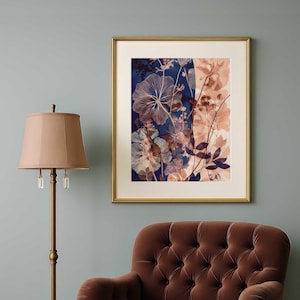 Dark blue orange dried flowers wall art, Pressed flowers art printable, Abstract botanical prints, Wildflower print, Nature inspired decor
