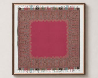 May include: A square scarf featuring a solid deep pink centre framed by a wide border of intricate paisley patterns in shades of brown, teal, and muted red. The edges are finished with short, multicoloured fringe along all four sides.