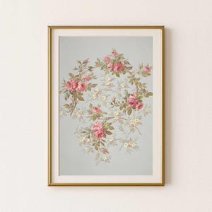 Impresión descargable con cuadro de rosas vintage, decoración shabby chic - Póster victoriano imprimible con flores rosas antiguas, papel tapiz floral, obra de arte A2