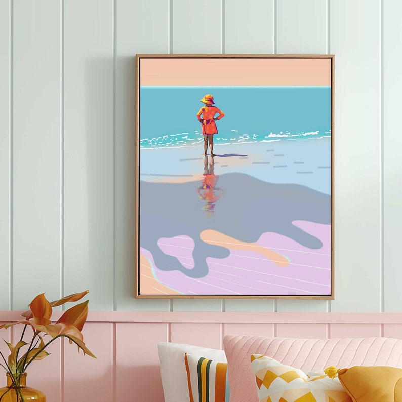 Colourful summer artwork downloadable, Retro beach print seaside picture, Kids nautical decor girl illustration, Pastel ocean wall art funky zdjęcie 10