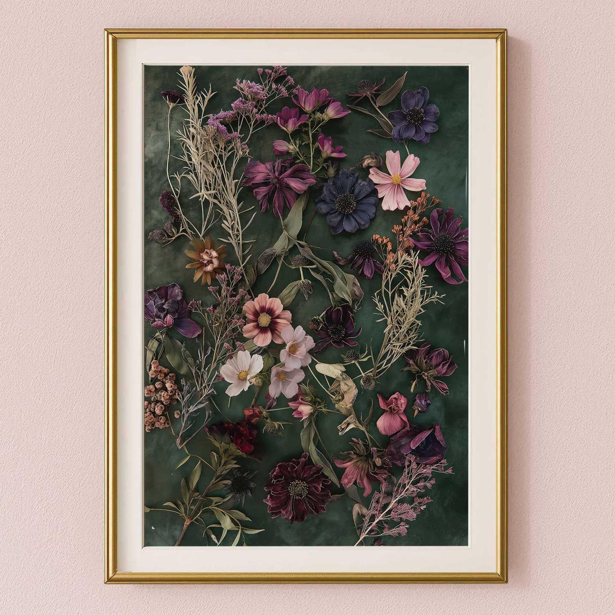 ダークグリーンのボタニカルウォールアート、ダウンロード可能な押し花