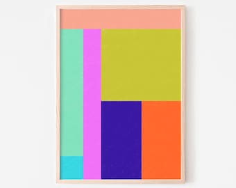 Bold 80s colorblock art digital download- Printable colorful retro poster geometric color block - Downloadable print mint royal blue mod geo