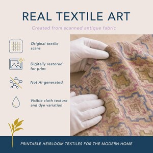 Real textile art information graphic showing antique fabric being handled with gloves, explaining that Unratio printable wall art is created from original textile scans, digitally restored for print, not AI-generated, with visible cloth texture and dye variation.