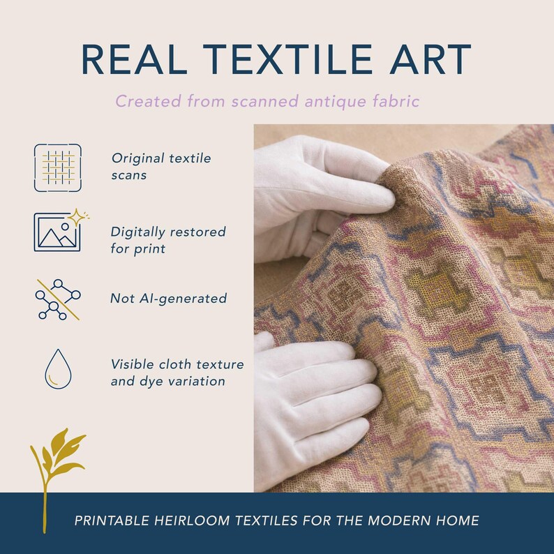 Real textile art information graphic showing antique fabric being handled with gloves, explaining that Unratio printable wall art is created from original textile scans, digitally restored for print, not AI-generated, with visible cloth texture and dye variation.