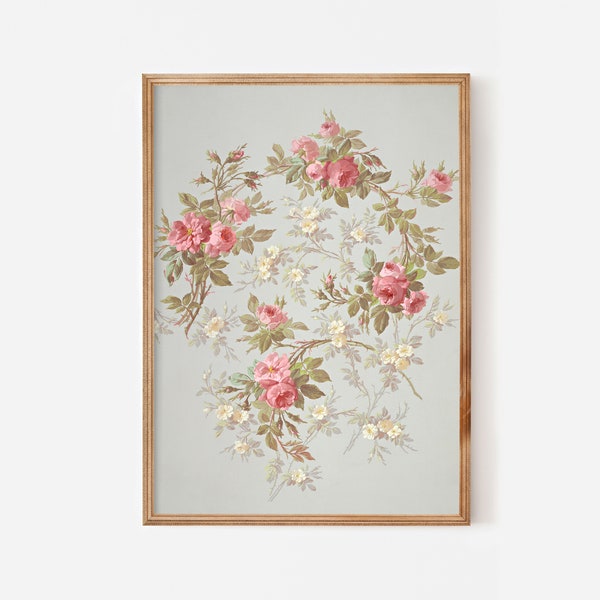 Vintage rose painting shabby chic decor downloadable print - Printable art Victorian poster antique pink flowers floral wallpaper artwork A2