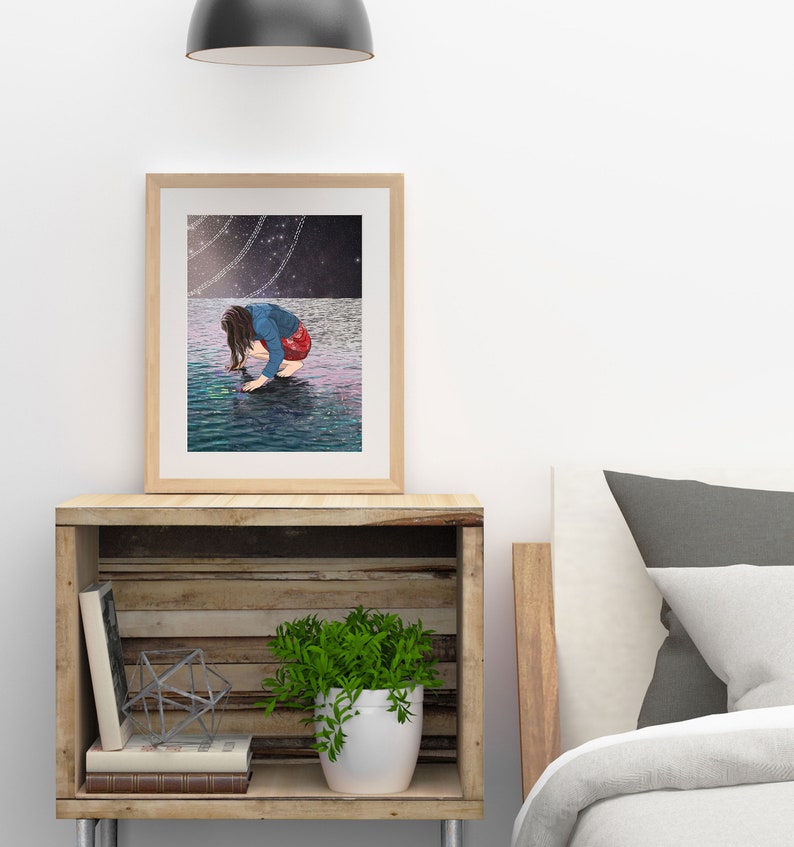 Illustrated woman by the sea modern ocean artwork Surreal female wall art celestial downloadable print Printable art boho nautical decor
