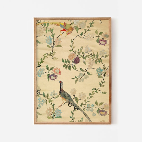 Peinture antique française d'oiseaux et de fleurs, impression d'art mural textile vintage téléchargeable, image bohème ancienne