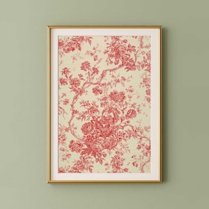Toile de Jouy Franse bloemenstof kunst downloadbaar, rode crème bloemen textielprints antieke posters, vintage wandtapijt afdrukbare muurkunst