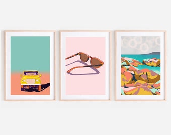 Set of 3 prints pastel beach illustrations - Downloadable prints summer decor - Set of three boho coastal artwork modern digital download