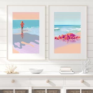 Colourful summer artwork downloadable, Retro beach print seaside picture, Kids nautical decor girl illustration, Pastel ocean wall art funky zdjęcie 5