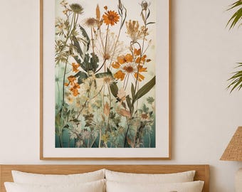 May include: A framed botanical print displaying dried flowers in orange, yellow, and green hues. The artwork features detailed floral species against a soft, gradient background. The wooden frame complements the natural theme, creating a visually appealing piece for home decor.