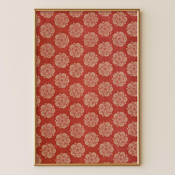 Red textile prints wall art downloadable vintage artwork | Antique wall decor tapestry | Fabric traditional block print tribal aesthetic
