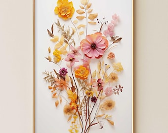 Gepresster Blumenstraußdruck, druckbare Wildblumengrafik, herunterladbare Trockenblumen-Boho-Wandkunst, hübsche Blumenmalerei