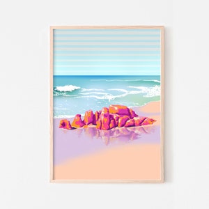 Printable beach wall print | Ocean sketch in light blue orange purple pastel colours | Retro beach graphic poster Australian summer