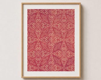 Red geometric wall art print, downloadable art, vintage textile artwork made from Greek linen