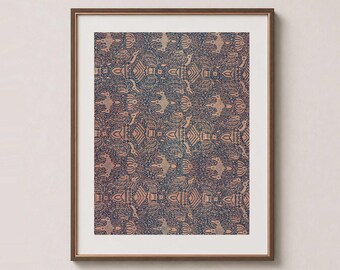 Rice Grain Floral – Indonesian Batik Textile Wall Art Print – Navy Blue & Copper
