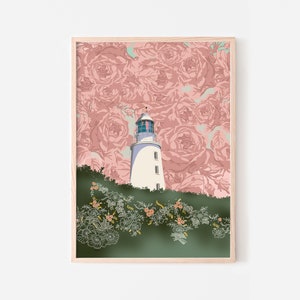 Set of 2 prints whimsical artwork downloadable art print set Pink and green girls bedroom lighthouse Two piece wall art poster pair A1 image 2