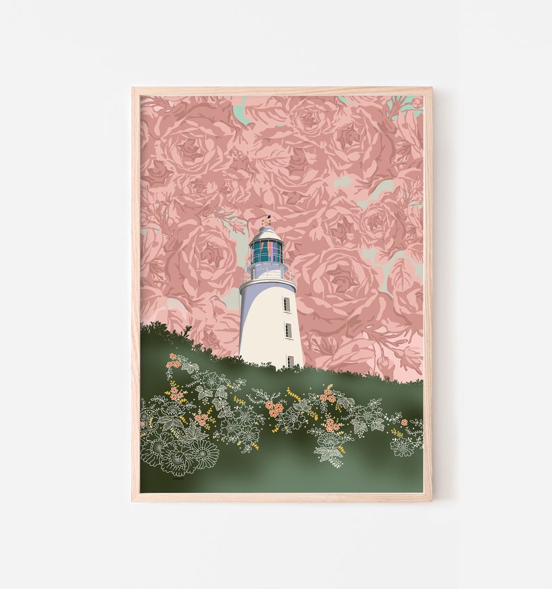 Set of 2 prints whimsical artwork downloadable art print set Pink and green girls bedroom lighthouse Two piece wall art poster pair A1 image 2