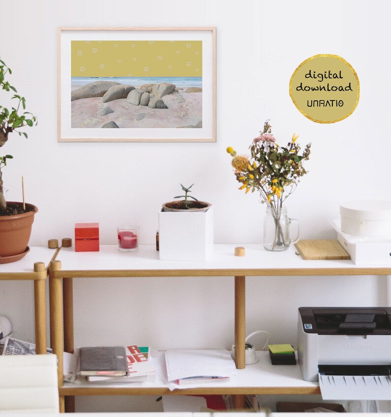 Beach wall decor landscape horizontal picture Mustard yellow print coastal wall art downloadable art Printable artwork boho ocean photo