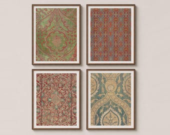 May include: A set of four rectangular wall art prints in dark brown frames. Each print features a distinct intricate textile pattern in varying colour palettes including shades of green, red, orange, grey, beige, and teal with ornate floral motifs.