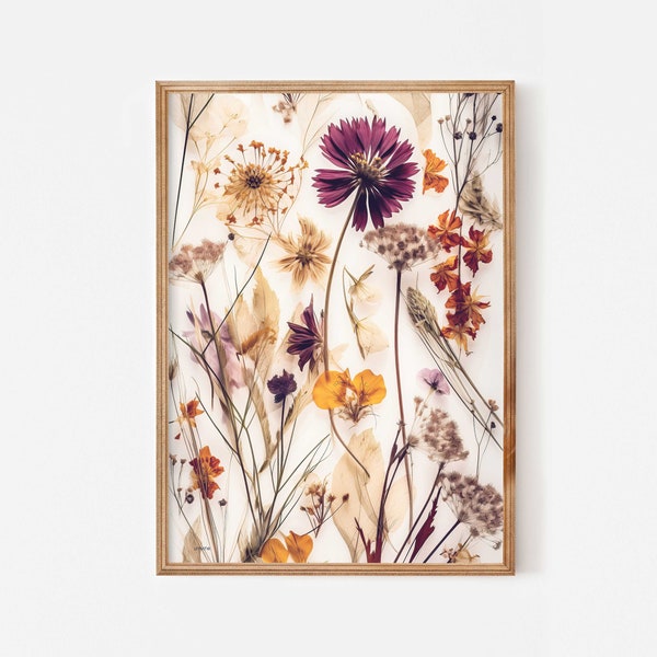 Gepresste Wildblumen Kunst zum Herunterladen, Getrocknete Blumen Kunst, Druckbare botanische Kunstwerke, Boho Blumenwandkunst, warme Farben Naturdruck
