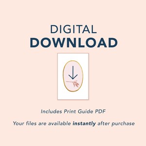 digital download graphic showing instant download art print information and confirming purchase includes a print guide pdf