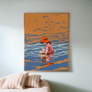 Seaside Pictures For Little Girls Room - Digital Download - Kids Beach Art Child Playing In Water - Bold Colours Slate Blue Orange and Red