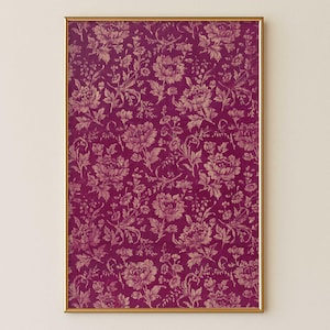 Victorian Burgundy Peony Flowers - Antique French Floral Textile Wall Art Prints - Plum Purple & Maroon