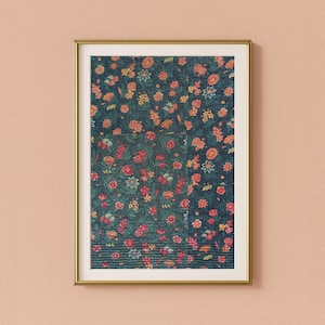 Impressão de arte de parede em tecido vintage para download - Padrão de flores verde-azuladas em tecido floral antigo - Arte boho francesa para impressão