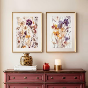 Pressed Flowers Wall Art Set of Two Prints - Dried Wildflowers Australia Nature Artwork - Matching Botanical Posters In Burgundy and Mustard