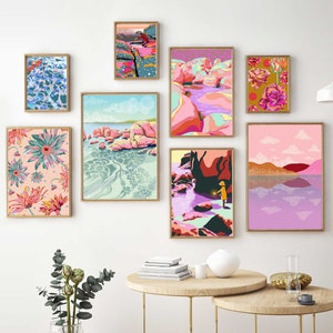 Bright maximalist gallery wall set of 8 downloadable prints - Beach wall prints colourful abstract artwork ocean - Retro wall art collection