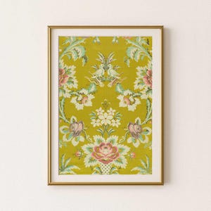 Chartreuse yellow textile wall art downloadable print, Tapestry vintage wall decor flower print, Boho floral poster feminine bedroom green