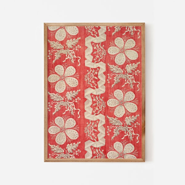 Red cream antique textile artwork downloadable prints  - Victorian era vintage wall art lace flowers - Floral pattern Boho wall decor poster