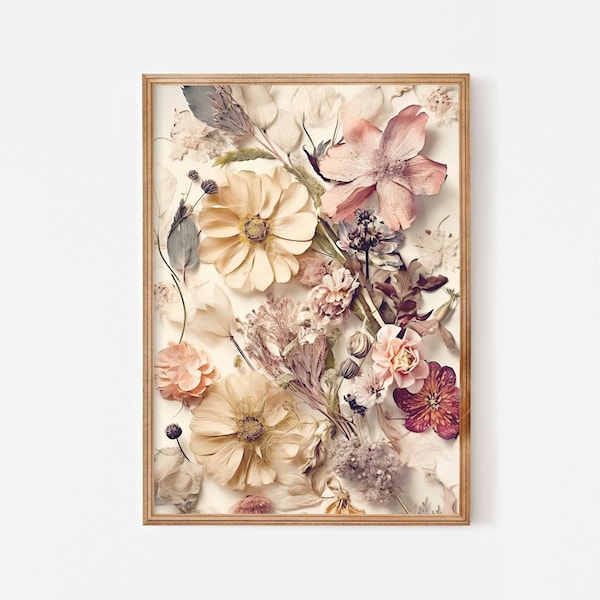 Blush floral artwork downloadable, Dried botanicals, Vintage flower prints, Romantic wall art, Feminine style still life painting digital