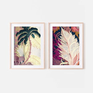 Tropical boho wall prints set of two, Jungle plants art palm tree artwork, Textured bohemian posters, Modern printable textile tapestries