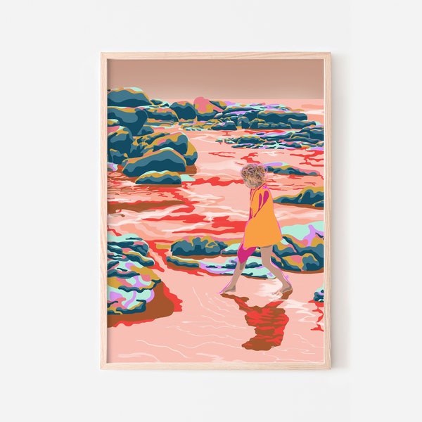 Illustration de plage fantaisiste pour enfants, image de bord de mer imprimable, art mural océan Australie en rose poudré, orange et bleu