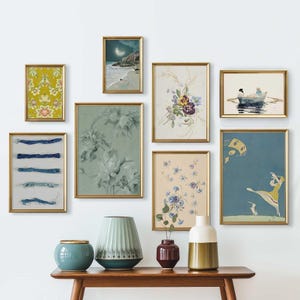 Vintage blue gallery wall set downloadable, Eclectic wall art collection, Boho wall prints bundle, Mixed antique artwork modern posters