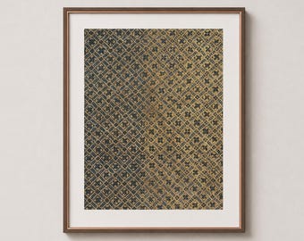May include: A framed wall art print featuring a repeating geometric pattern of dark blue and gold diamond shapes. The design transitions from a darker blue tone on the left to a brighter, metallic gold hue on the right, enclosed in a thin brown frame.