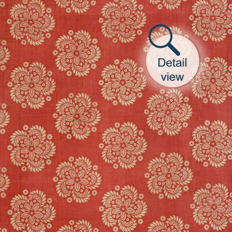 detail view of antique India block print textile wall art print showing repeat stencil folk medallion pattern in vermillion red and beige tones