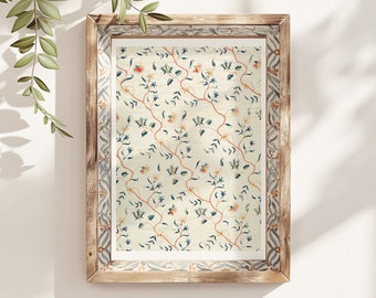 Embroidered wall art textile print download, Vintage floral wall print,  French country farmhouse, Light cream flower pattern linen tapestry
