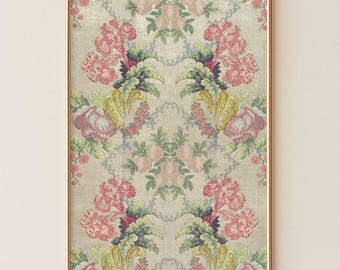 Fleurs rococo romantiques - Impression d'art murale textile florale française antique - Vert sauge et rose poudré